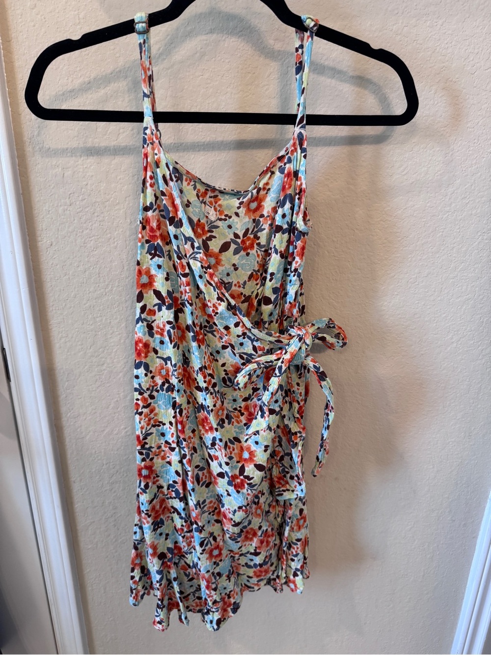 O'Neill Floral Mini Wrap Dress in Light Blue and Red